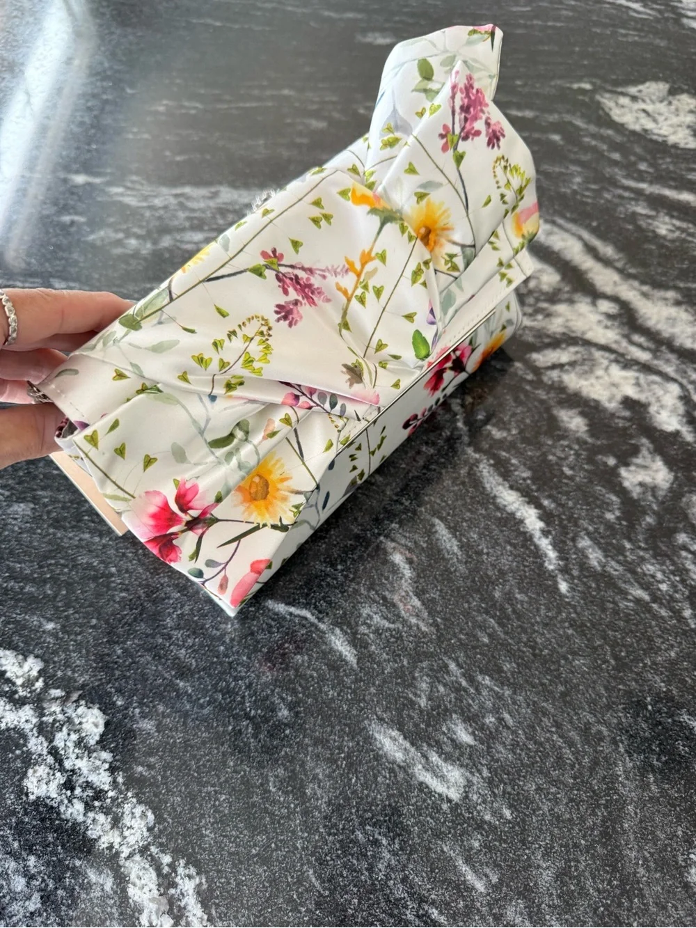 Jewel Badgley Mischa Floral Satin Bow Purse with White Background, NWT